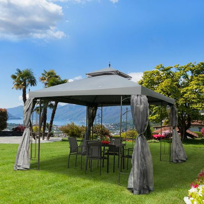 3 x 3(m) Garden Gazebo Double Top Gazebo Canopy w/ Curtains Grey Outsunny