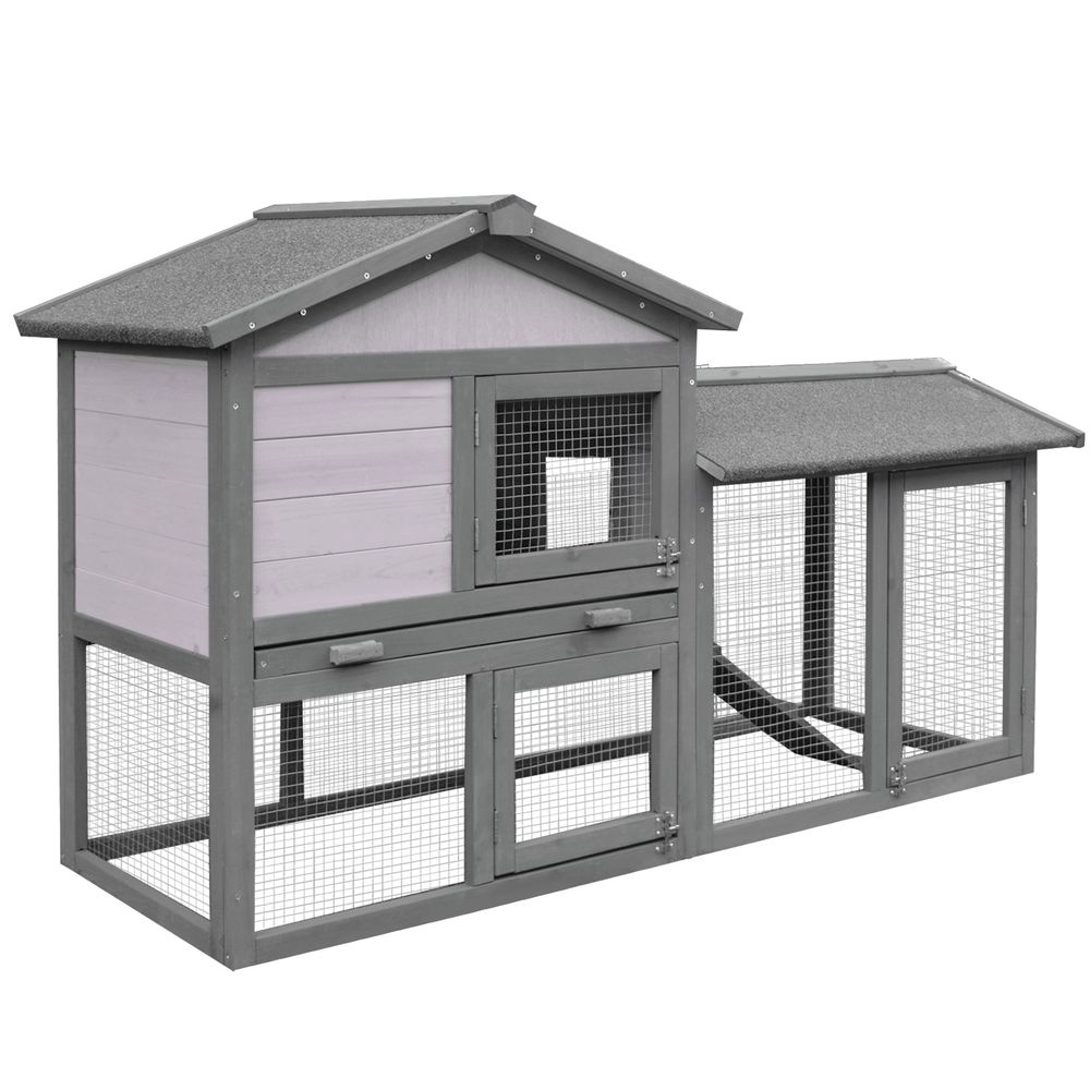 PawHut Wooden Rabbit Hutch Outdoor, Double Tier Guinea Pig Hutch, Small Animal House Water-Resistant Roof Ramp 147 x 54 x 84 cm