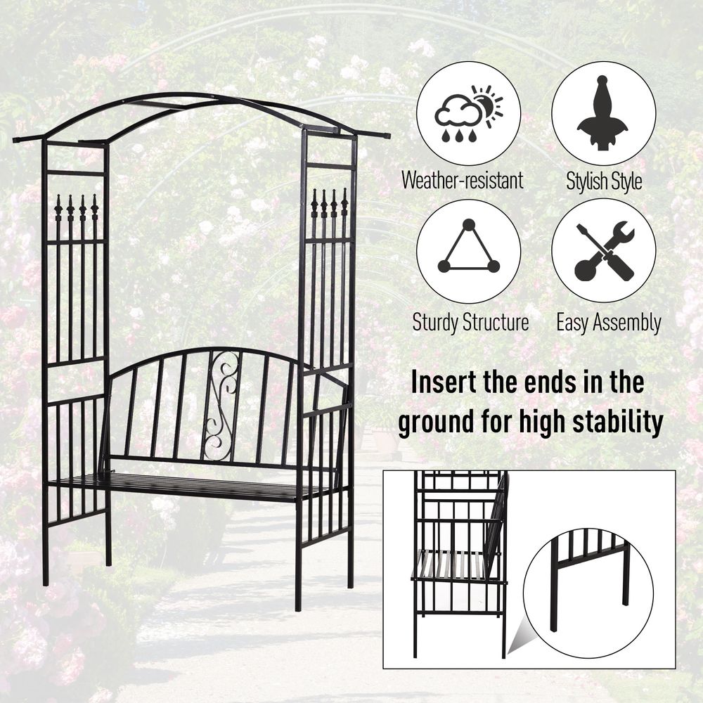Durable Black Steel Frame Garden Arch w/ 2-Seater Bench - Perfect for Climbing Plants & Relaxing