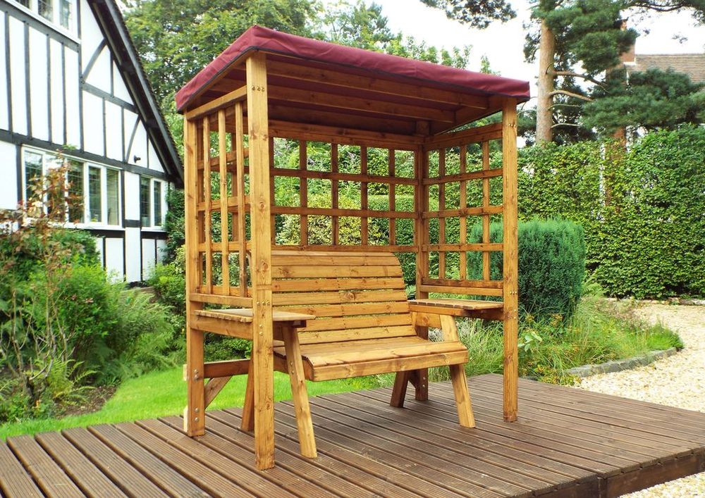 Wentworth Two Seat Arbour Green - Handcrafted, Waterproof Roof, Side Tables, Made in Britain, FSC Wood