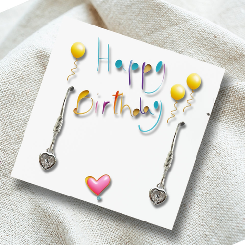 Happy Birthday Party Gift Card & Cubic Zirconia Heart Earrings