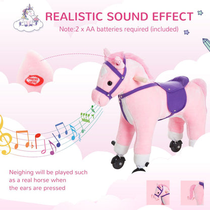 HOMCOM Wooden Action Pony Wheeled Walking Horse Riding Little Baby Plush Toy Wooden Style Ride on Animal Kids Gift w/Sound (Pink)