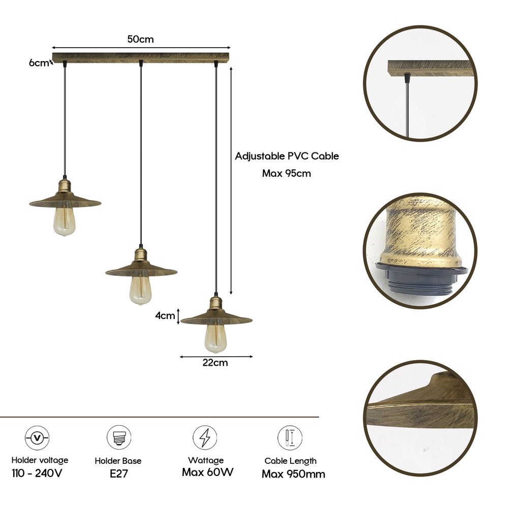 4 Head Vintage Industrial Brushed Brass Ceiling Pendant Easy Fit Light  Metal 22cm Ceiling Lighting Shade
