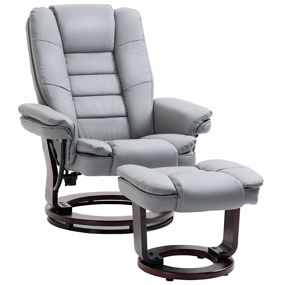Swivel Manual Recliner and Footrest Set PU Lounge Chair Wood Base, Grey