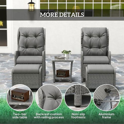 Outsunny Recliner Rattan Garden Furniture w/ Two-tier Table, Light Grey