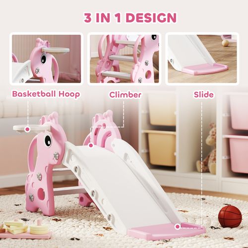 AIYAPLAY 3 in 1 Kids Slide with Climber, Basketball Hoop and Ball, Pink