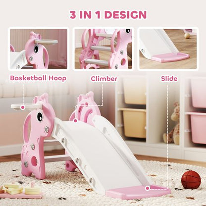 AIYAPLAY 3 in 1 Kids Slide with Climber, Basketball Hoop and Ball, Pink