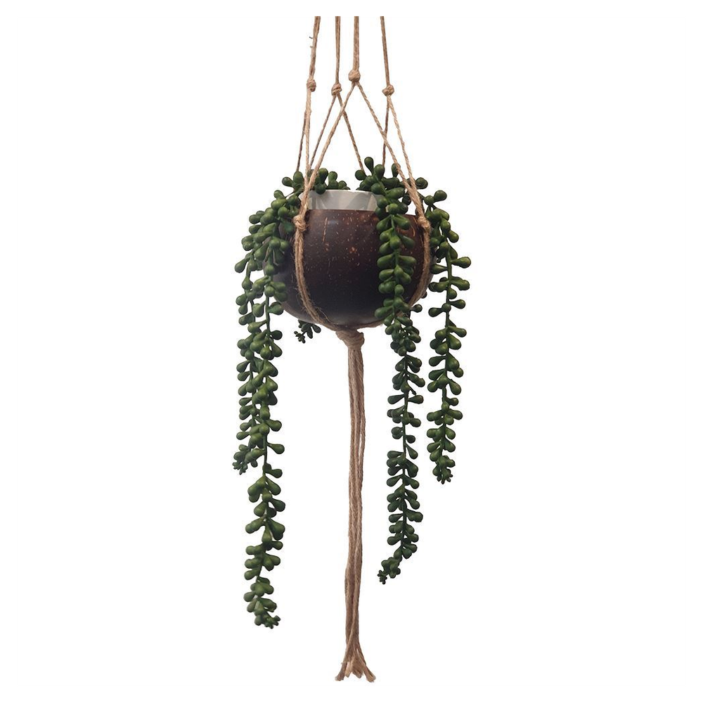 Vie Naturals Coconut Shell Pot Holder with Jute Macrame Rope for Hanging - Eco-Friendly & Sturdy - Brown