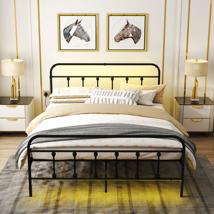 HOMCOM King Bed Frame with LED Lights and Charging Station, Black