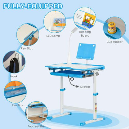 Homcom Kids Study Desk and Chair Set w/ USB Lamp, Adjustable Height, Blue