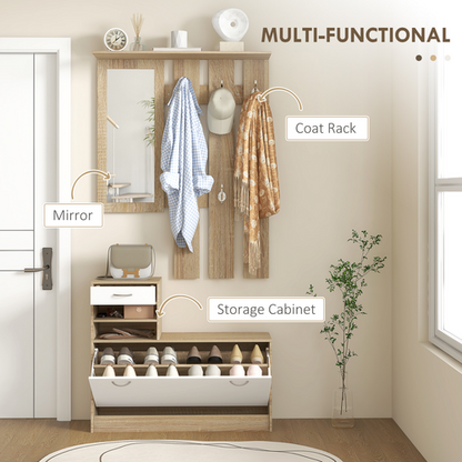 HOMCOM Hallway Furniture Set with Shoe Cabinet, Coat Rack and Mirror