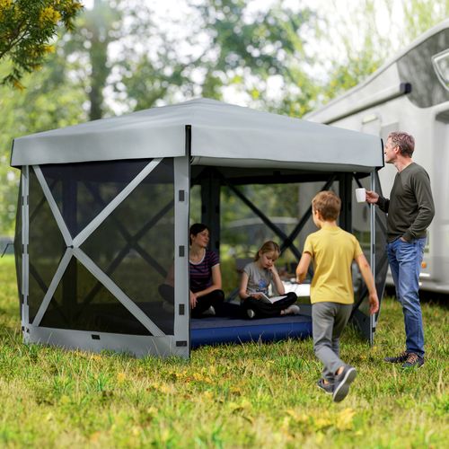 Outsunny 3 x 3(m) Hexagon Pop Up Gazebo with 5 Sides, Netting, Light Grey
