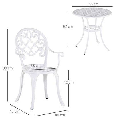 Outsunny 3PCs Garden Bistro Set Cast Aluminium Round Table with 2 Chairs White
