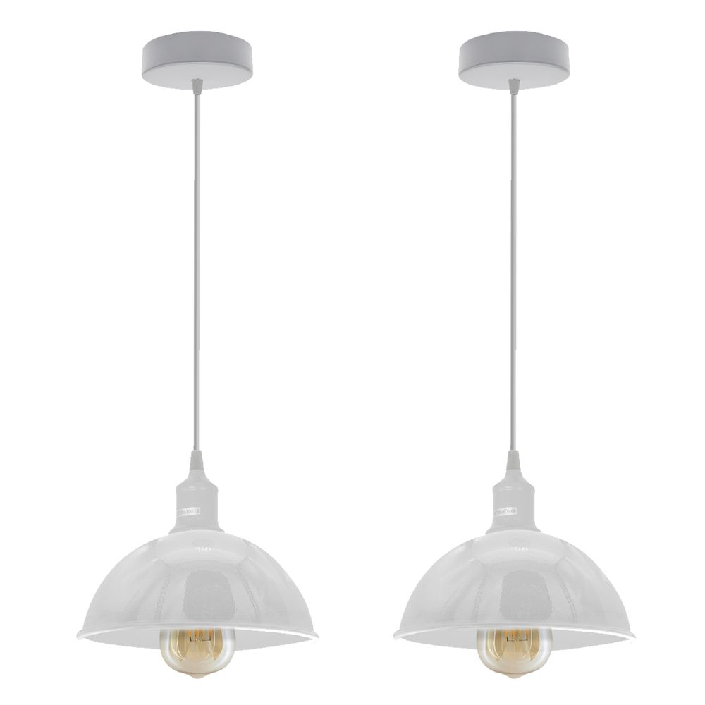 2Pack Dome Metal Pendant Lights | Sturdy, White Loft Style | Spray Painted Finish | Inner White | 21cm Bottom | High Quality