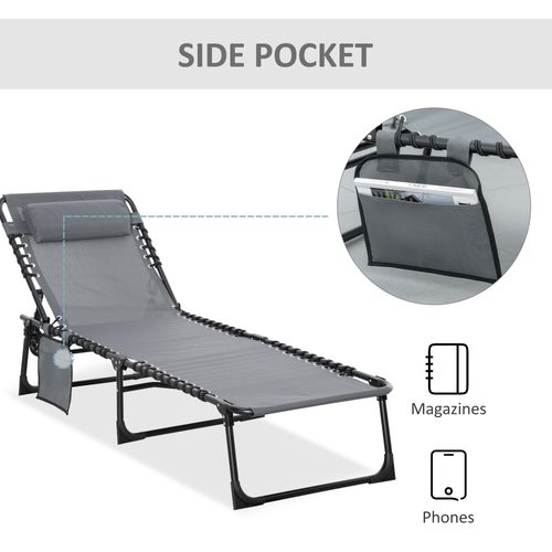 Portable Sun Lounger, Reclining Lounge Chair 5-position Adjustable Pillow Grey