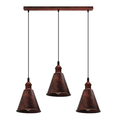 Rustic Red 3 Head Pendant Light | Metal Brushed | E27 Base | Vintage Retro Style | Long Cone Shade | High Quality