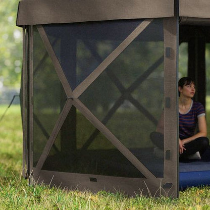 Outsunny 3 x 3(m) Hexagon Pop Up Gazebo with 5 Sides, Netting, Brown