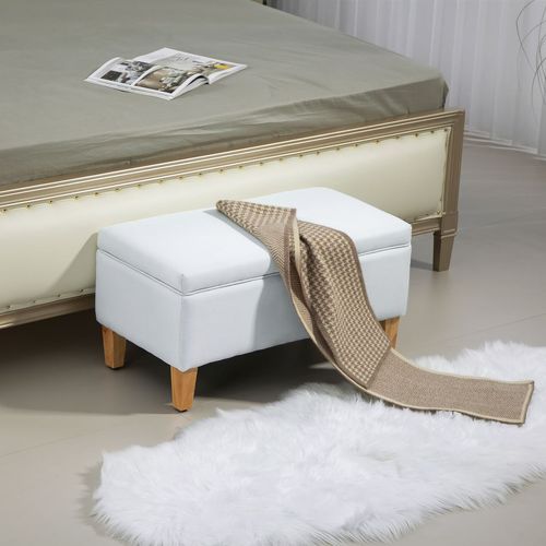 HOMCOM Linen Storage Ottoman Storage Box Footstool with Rubberwood Legs Cream