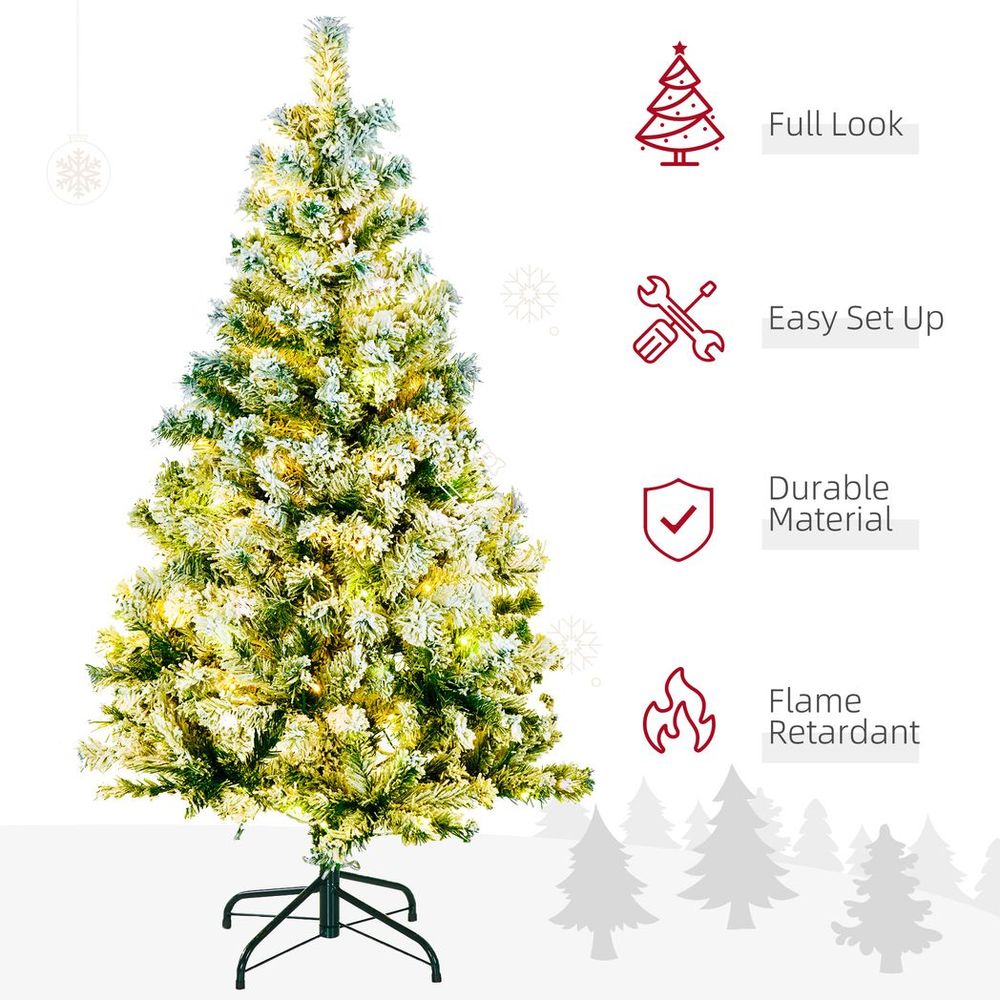 HOMCOM 4.5ft Artificial Flocked Christmas Tree with LED Lights, Snow Branches