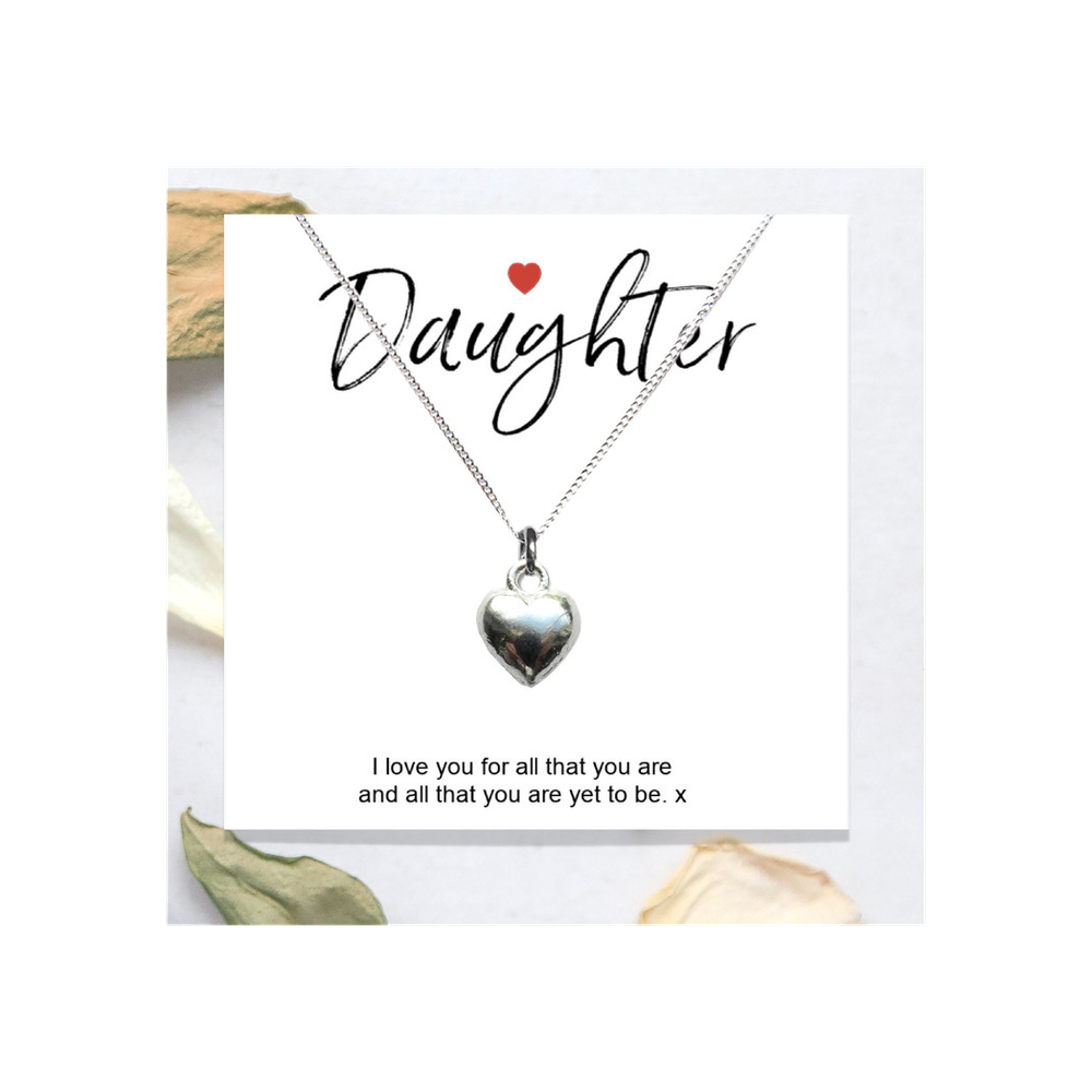 Daughter Message Card + Heart Necklace - Best Quality Gift for Special Occasions - 16" or 18" Chain - Sterling Silver