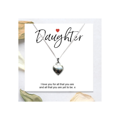 Daughter Message Card + Heart Necklace - Best Quality Gift for Special Occasions - 16" or 18" Chain - Sterling Silver