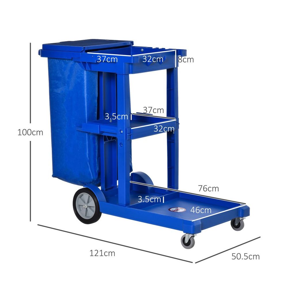 HOMCOM Cleaning Cart On Wheels, Housekeeping Trolley w/ 3 Tier Shelves, Blue