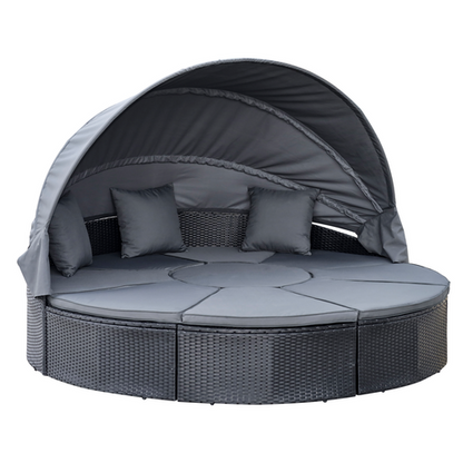 Outdoor Garden Daybed Set w/ Cushioned Round Sofa Bed Conversation Furnitur