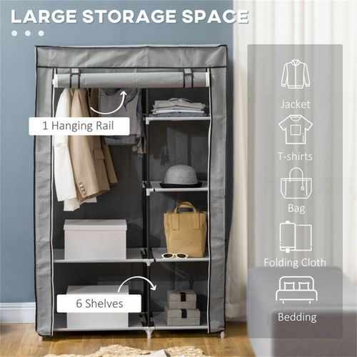 Fabric Wardrobe Hanging rail and Six shelves Clothes Storage Light Grey 103W x 43D x 162.5H cm
