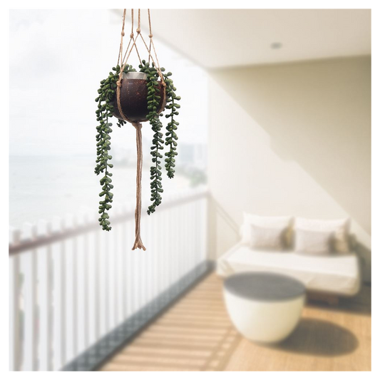 Vie Naturals Coconut Shell Pot Holder with Jute Macrame Rope for Hanging - Eco-Friendly & Sturdy - Brown