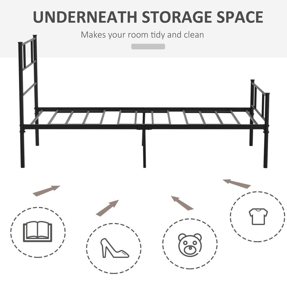 HOMCOM Single Metal Bed Frame Solid Bedstead Base with Headboard and Footboard, Metal Slat Support and Underbed Storage Space, Bedroom Furniture, Black