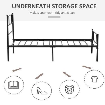 HOMCOM Single Metal Bed Frame Solid Bedstead Base with Headboard and Footboard, Metal Slat Support and Underbed Storage Space, Bedroom Furniture, Black