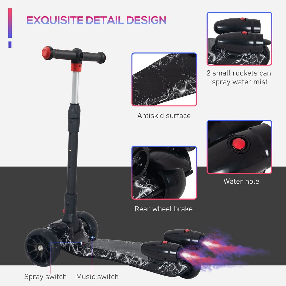 HOMCOM Scooter for Kids Toddler 3 Wheel Adjustable Height w/Flashing Wheels Music Water Spray Foldable Kick Scooter for Boys and Girls 3-6 Yrs Black
