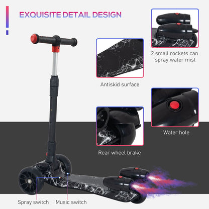 HOMCOM Scooter for Kids Toddler 3 Wheel Adjustable Height w/Flashing Wheels Music Water Spray Foldable Kick Scooter for Boys and Girls 3-6 Yrs Black