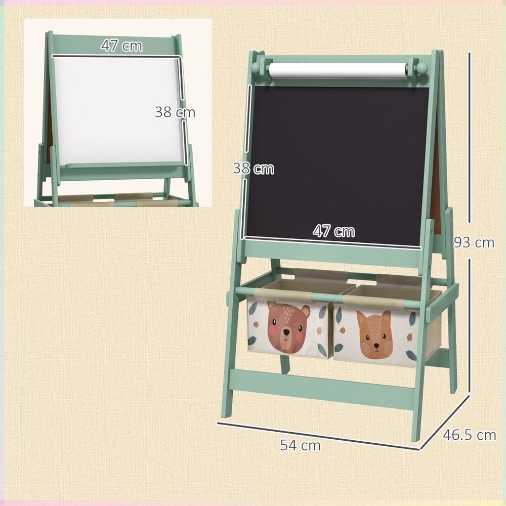 AIYAPLAY Kids Easel with Paper Roll, 3 in 1 Art Easel for Children, with Blackboard, Whiteboard, Storage Baskets, Green