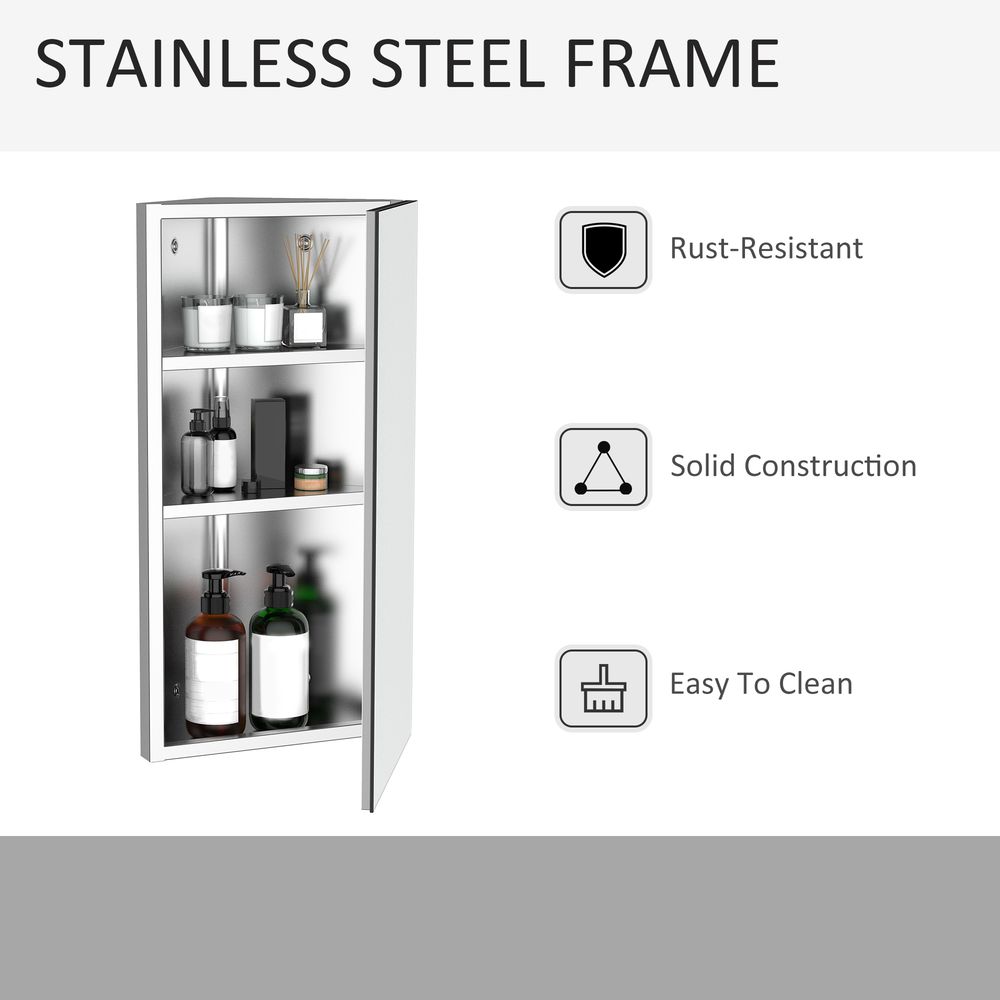 HOMCOM Wall Mount Corner Mirror Cabinet with Three Shelves, Stainless Steel Bathroom Storage Cabinet with Door