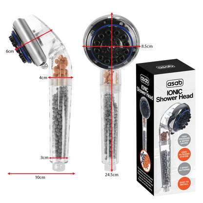 ASAB Ionic Shower Head with Filter Beads - Boost Your Shower Experience, Easy to Install, 3 Spray Patterns, Protects Skin, Helps the Planet
