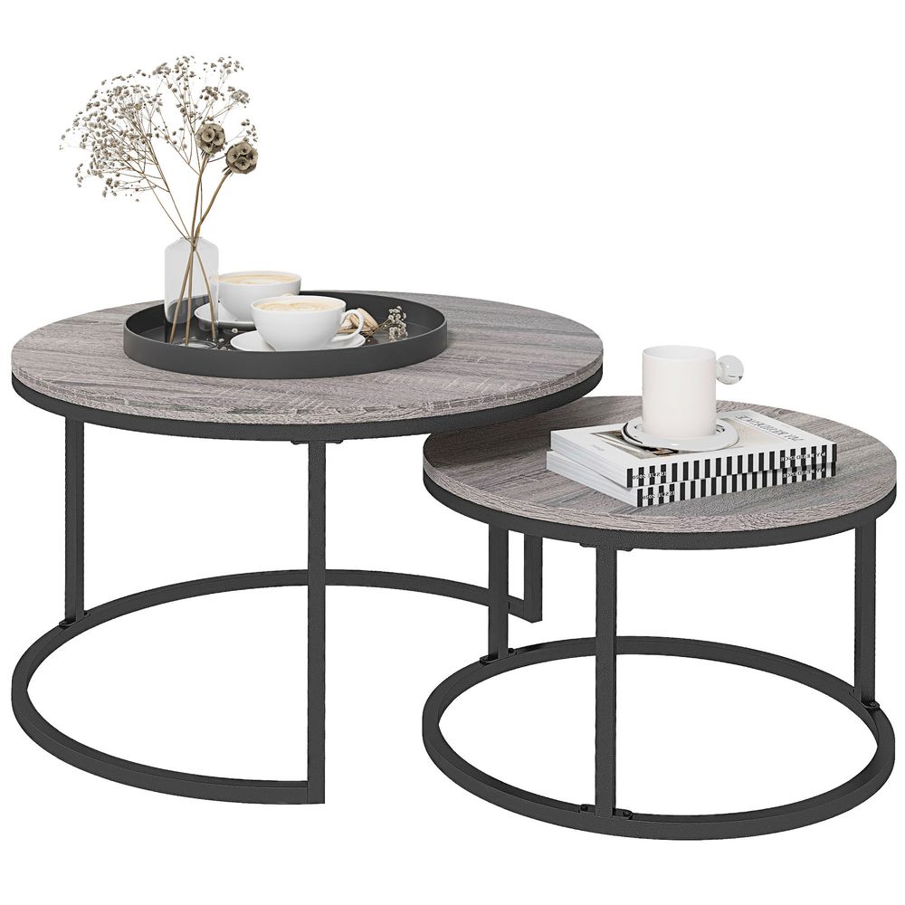 HOMCOM 2 Pcs Stacking Coffee Table Set Steel Frame Wood Effect Top Foot Pads