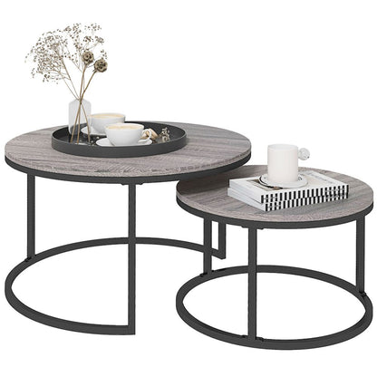 HOMCOM 2 Pcs Stacking Coffee Table Set Steel Frame Wood Effect Top Foot Pads