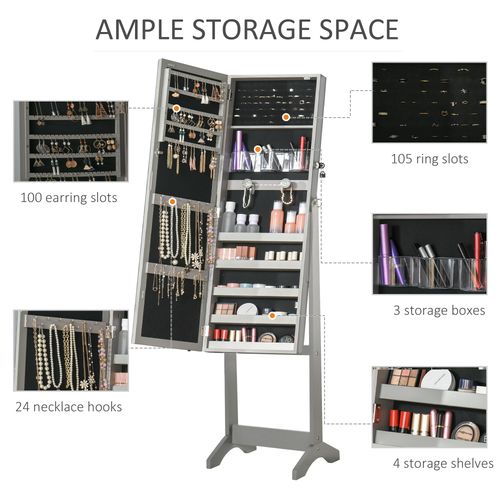 HOMCOM Mirrored Jewellery Cabinet W/ LED Light Lockable Jewellery Armoire