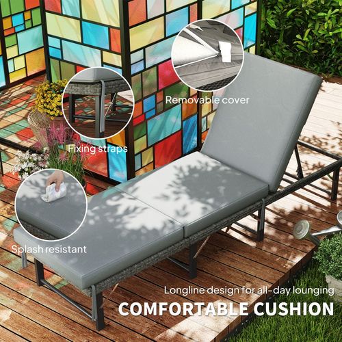 Outsunny Folding Rattan Sun Lounger with Adjustable Back, Cushion, Grey