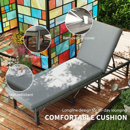Outsunny Folding Rattan Sun Lounger with Adjustable Back, Cushion, Grey