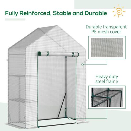 Outsunny Walk In Greenhouse with 2 Tier Shelf, Portable Gardening Plant Grow House with Roll up Zip Panel Door, Reinforced PE Cover, 143 x 73 x 195cm, Green
