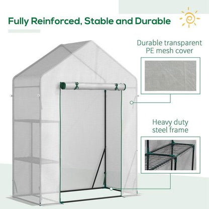 Outsunny Walk In Greenhouse with 2 Tier Shelf, Portable Gardening Plant Grow House with Roll up Zip Panel Door, Reinforced PE Cover, 143 x 73 x 195cm, Green