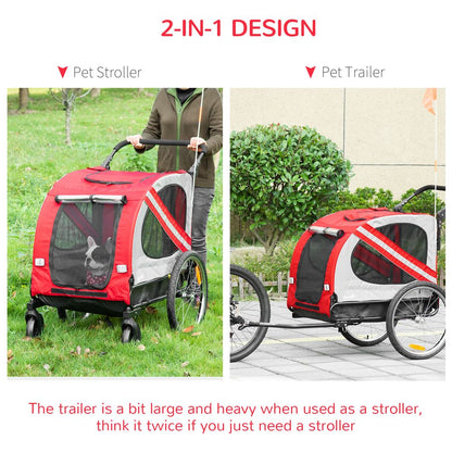 PawHut Dog Bike Trailer 2-in-1 Pet Stroller Cart Bicycle Carrier Attachment for Travel in steel frame with Wheels Hitch Coupler Reflectors Flag Red