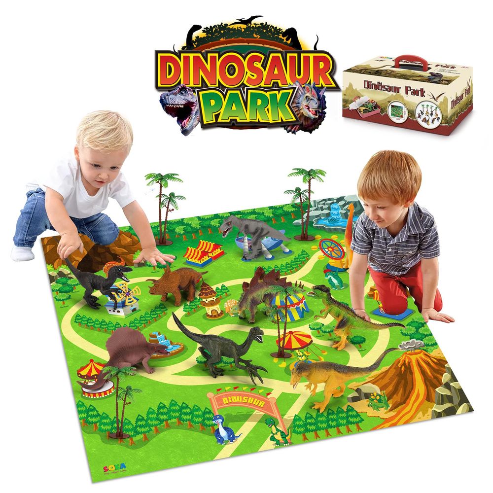 SOKA Dinosaur Toy Figure Set with Activity Play Mat Playmat & Trees For Kids Children - Realistic Dinosaur Toys Educational Playset for Boys & Girls Including T-Rex, Triceratops, Velociraptor