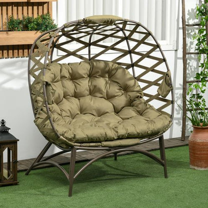 Outsunny 2 Seater Egg Chair Outdoor with Cushion, Cup Pockets - Khaki