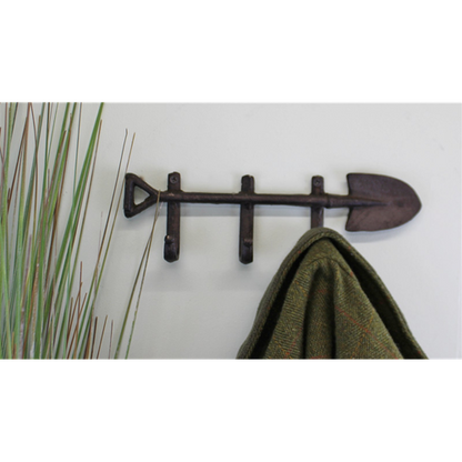 Rustic Cast Iron Wall Hooks, Garden Spade Design With 3 Hooks