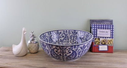 Large Ceramic Bowl, Vintage Blue & White Paisley Design