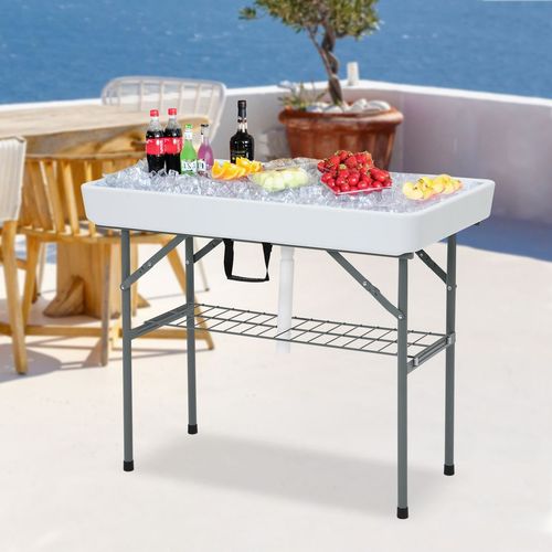 Ice Table with Drain, Folding Ice Cooler Drinks Table with Skirt, Ice Serving Buffet Bar for Party, BBQ, Camping, Garden, Folding Sink Fish/Food Cleaning Table