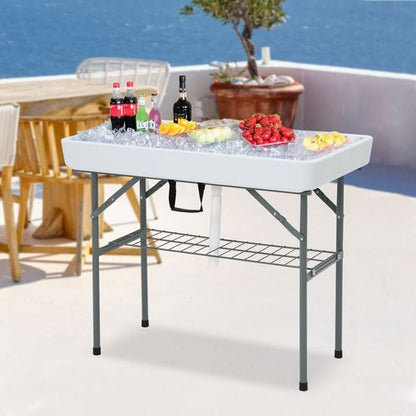 Ice Table with Drain, Folding Ice Cooler Drinks Table with Skirt, Ice Serving Buffet Bar for Party, BBQ, Camping, Garden, Folding Sink Fish/Food Cleaning Table